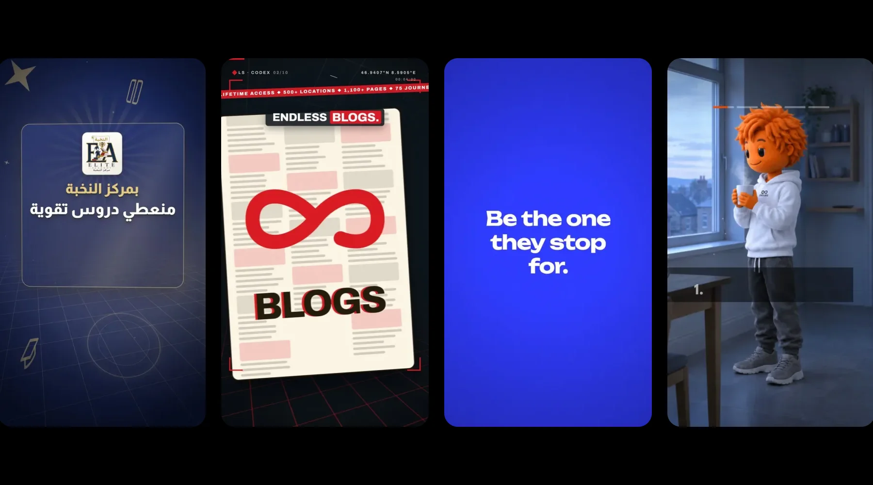 Frames from four motion-graphics ads side by side